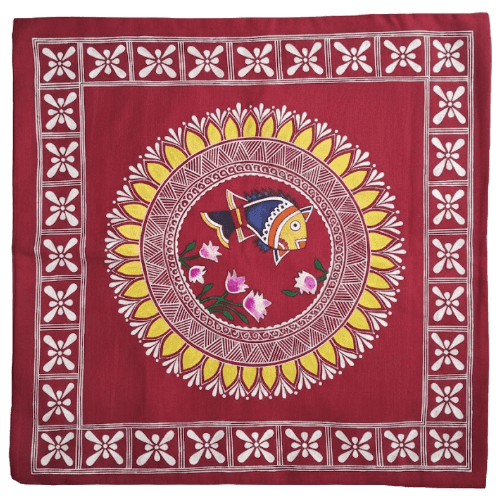 Hand-Painted Aipan Fish & Lotus Mandala Decor.